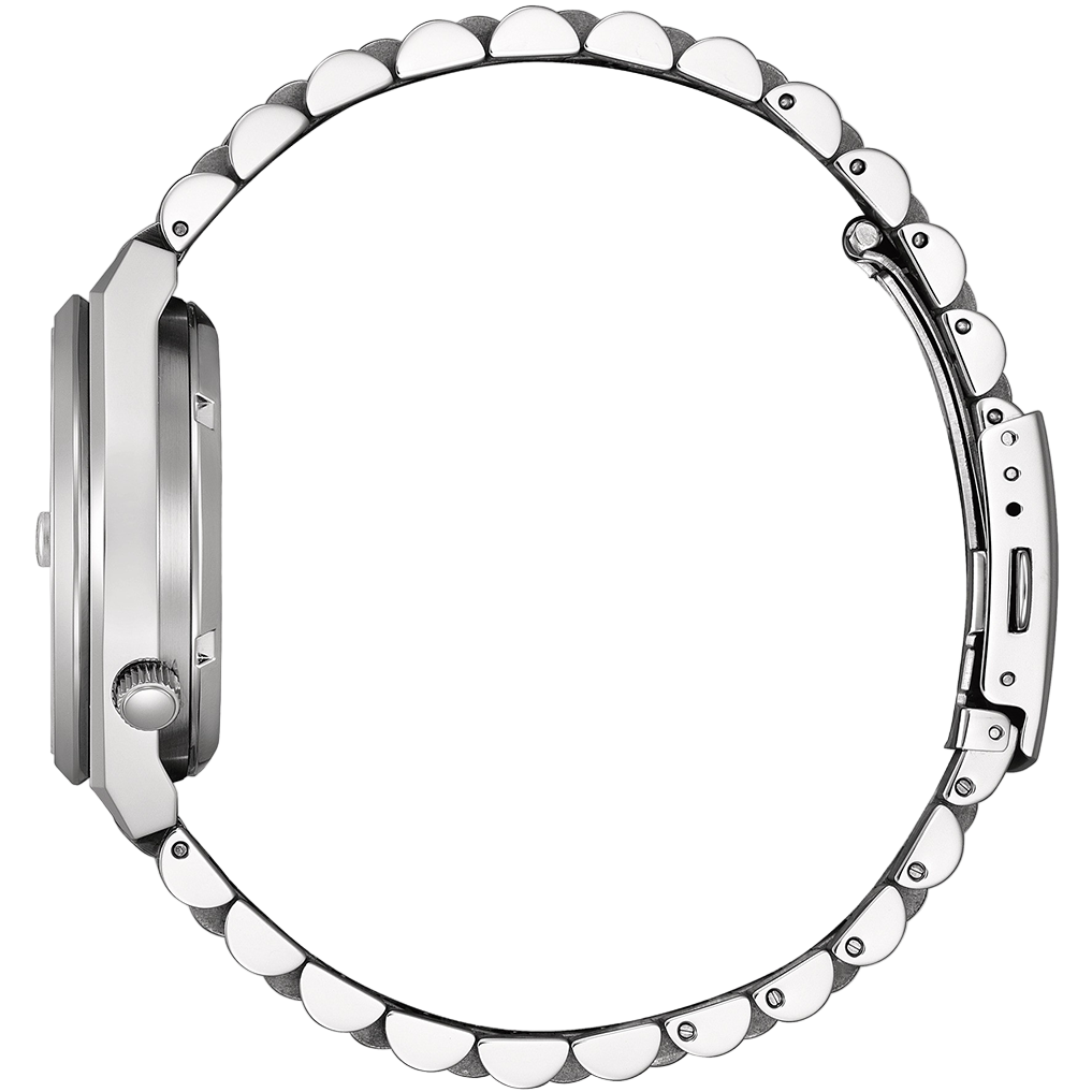 Close-up of a silver watch with a beaded band on a white background
