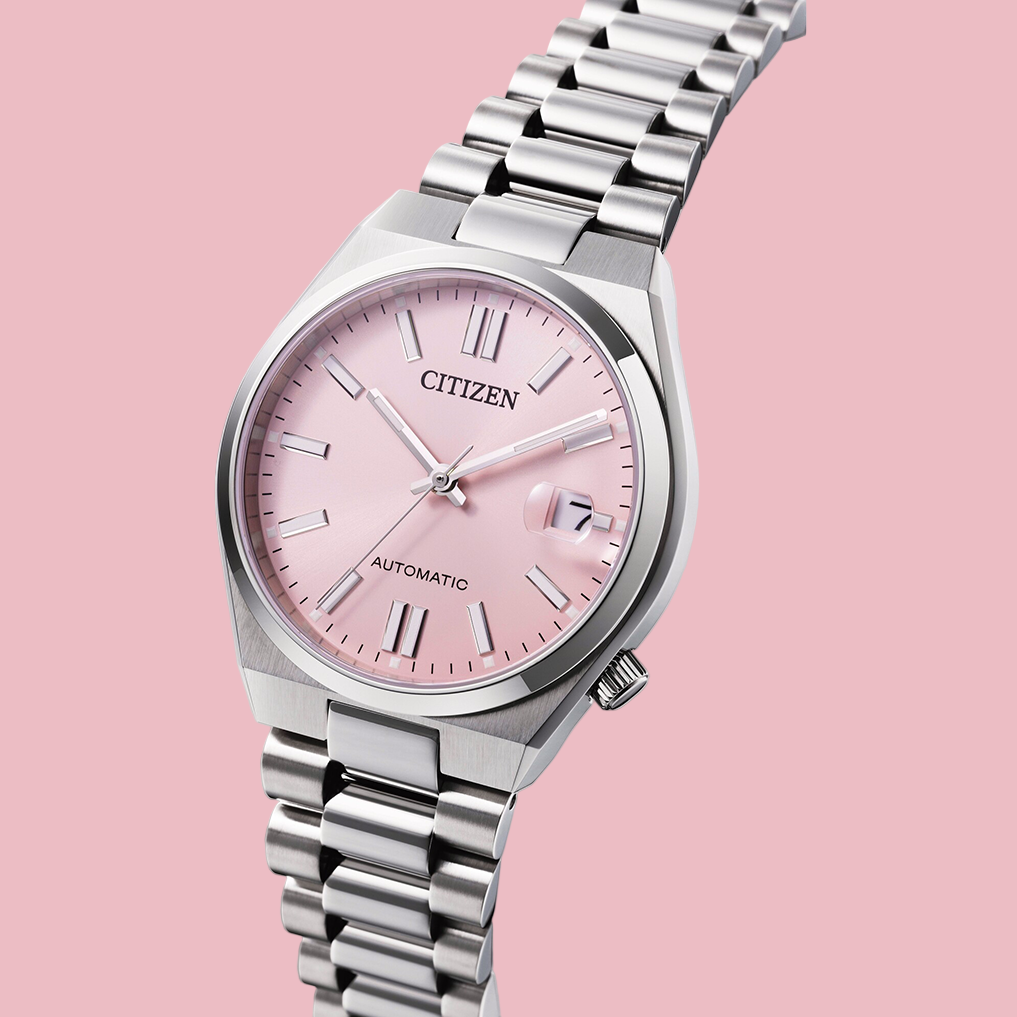 Elegant Citizen stainless steel watch – pink face, luminous markers, date display