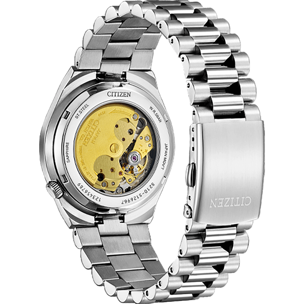Silver Citizen watch with mechanical components on a white background