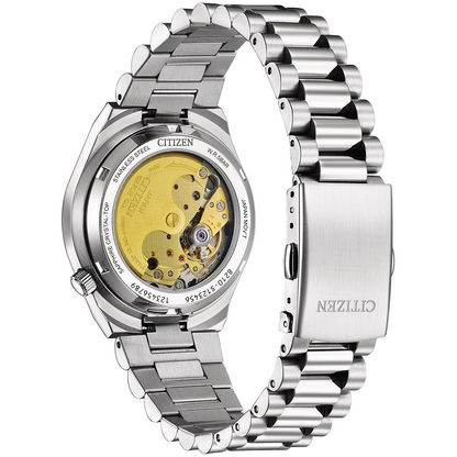Silver Citizen watch with mechanical components on a white background