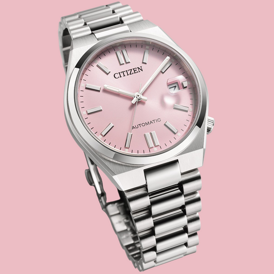 Luxury Citizen stainless steel watch with pastel pink face and date window - ghari.plk