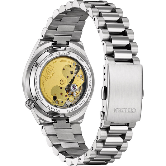 Silver Citizen watch with mechanical components on a white background