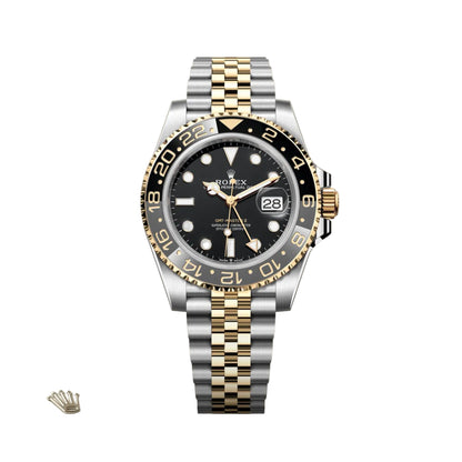 Luxury watch with black dial and gold and silver band on a light beige background - ROLEX