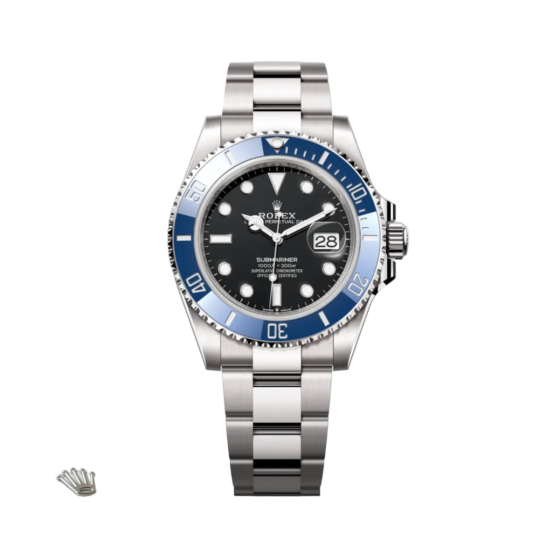Silver and blue watch with black dial on a light gray background - Rolex - officialrivon
