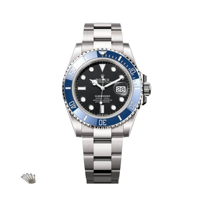 Silver and blue watch with black dial on a light gray background - Rolex - officialrivon