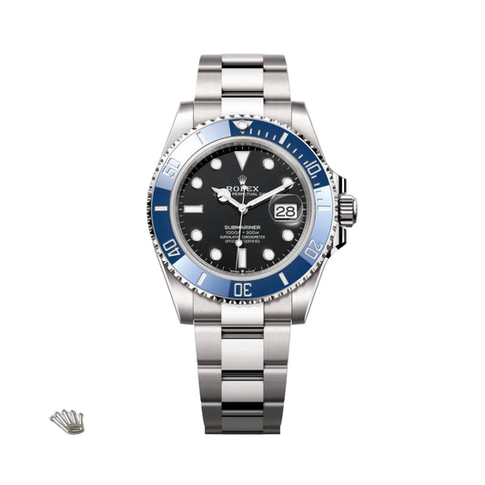Silver and blue watch with black dial on a light gray background - Rolex - officialrivon