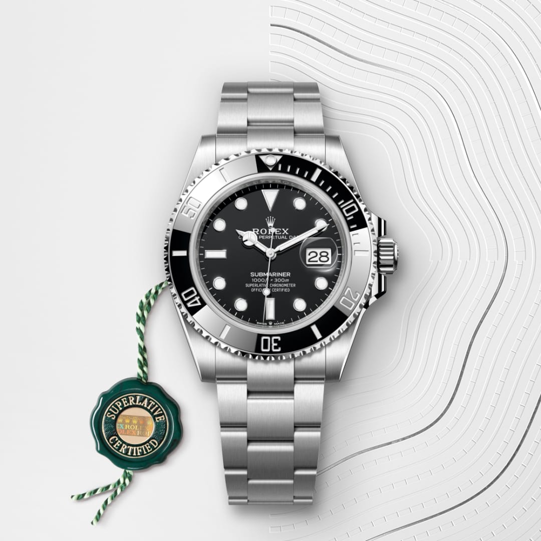 Silver Rolex watch with black dial on a white background - Oyster, 41 mm, white gold

