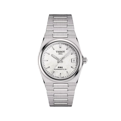 Silver Tissot watch on a white background