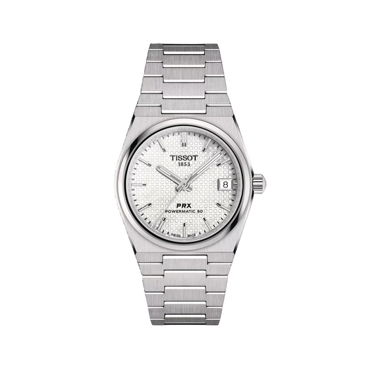 Silver Tissot watch on a white background