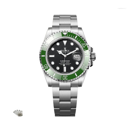 Rolex watch with green bezel and silver bracelet on a white background - nizam watch house