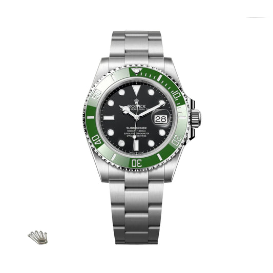 Rolex watch with green bezel and silver bracelet on a white background - nizam watch house